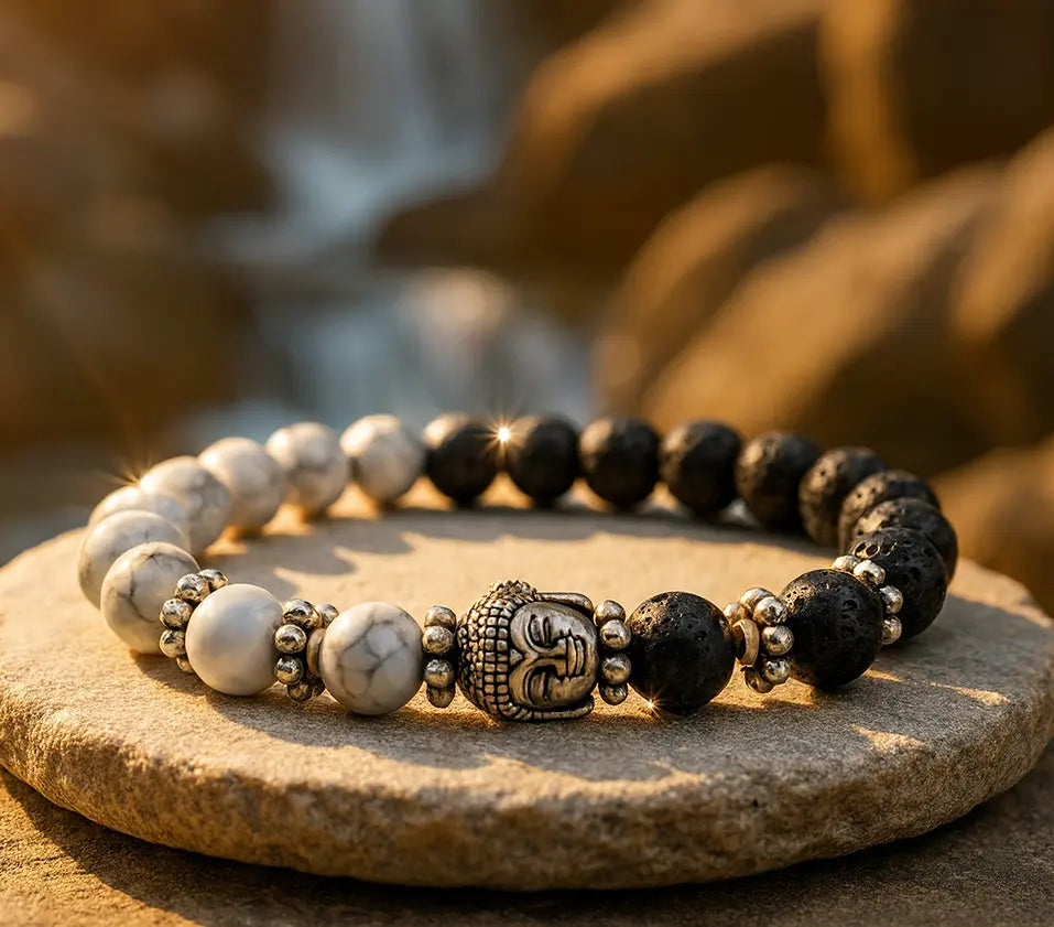 Natural Lava Howlite Stone Buddha Beads Bracelet | 7 Chakra | Evil Eye | Stylish