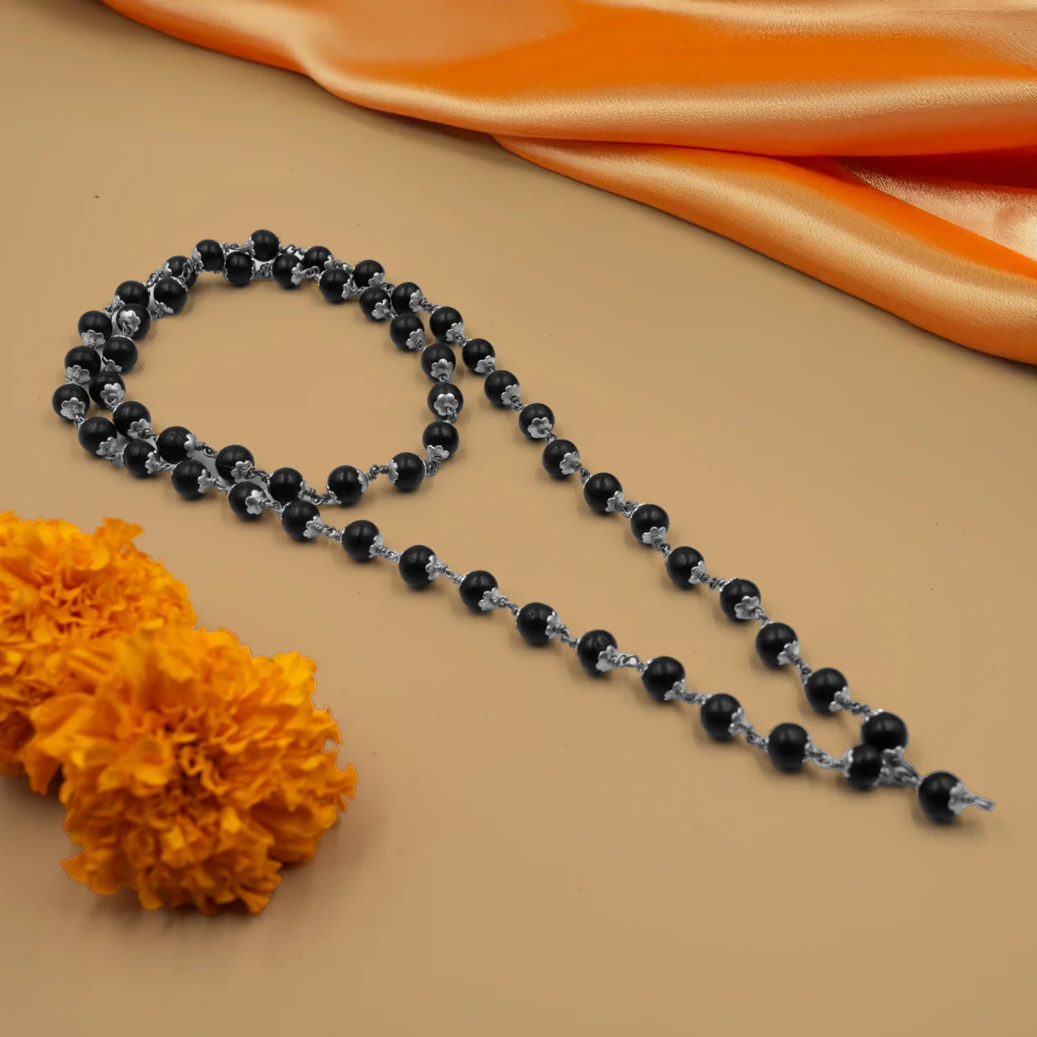 Traditional Karungali Japa Mala - Blessed with Sadhu Mantras - Silver Plated